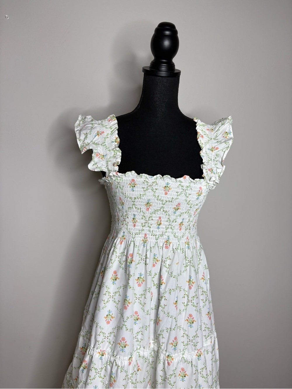 Hill House White Floral Smocked Maxi Dress with Pink & Green Accents - Picture 3 of 4